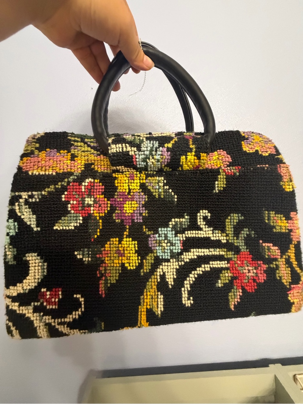 Vintage Black Floral tapestry black handled purse tote Cottagecore